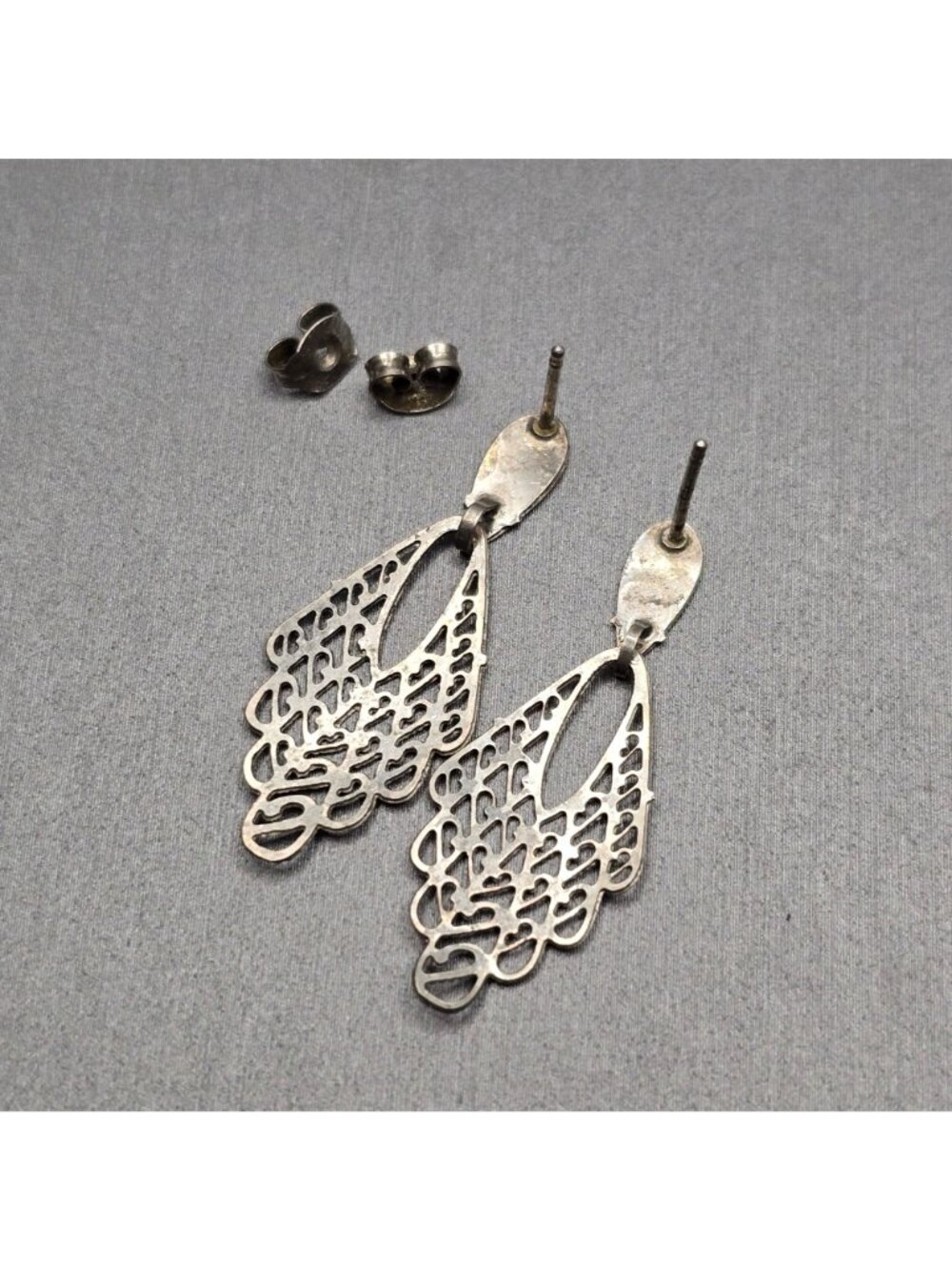 Vintage Sterling Silver Filigree Drop Earrings Scalloped Art Deco Pierced - Picture 5 of 7